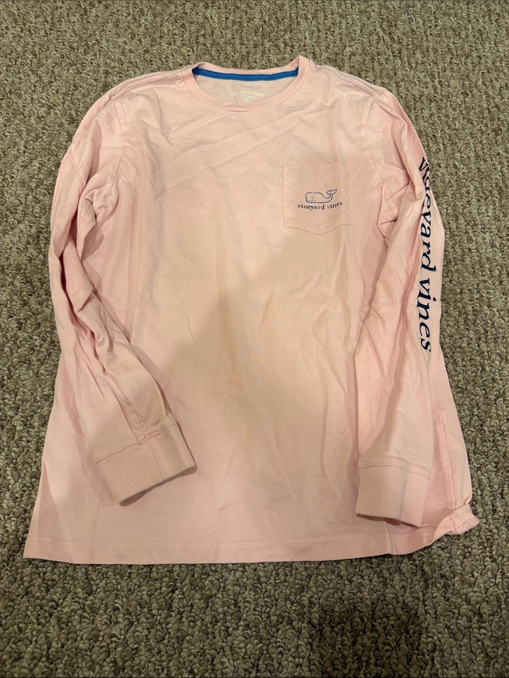 Vineyard Vines Light Pink Long Sleeve Pocket Tee with Navy Sleeve Script